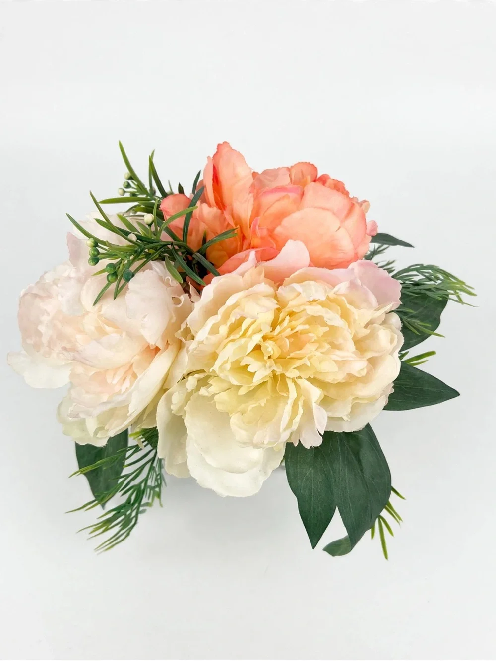 Crystal Diamond Cut Square Vase Faux Peony Bouquet Arrangement Peach Cream White